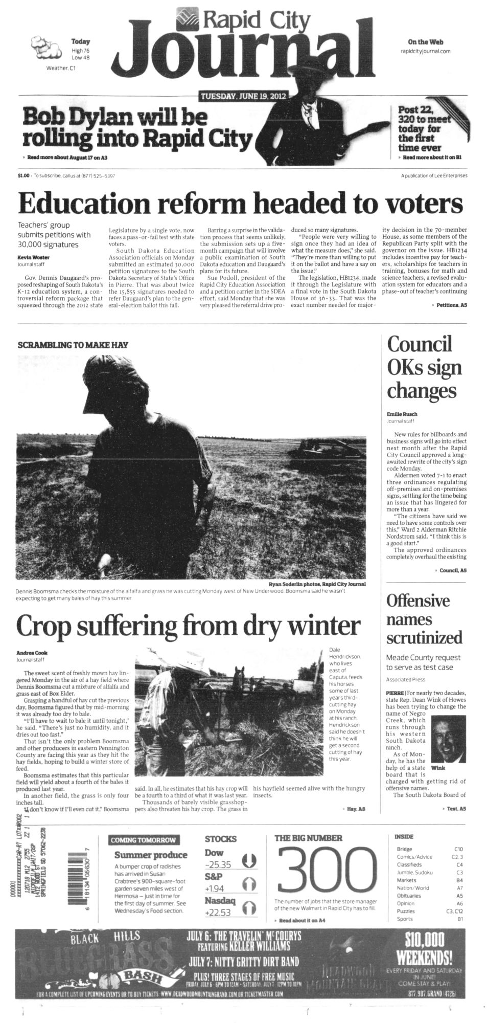 Rapid City Journal Bob Dylan front cover