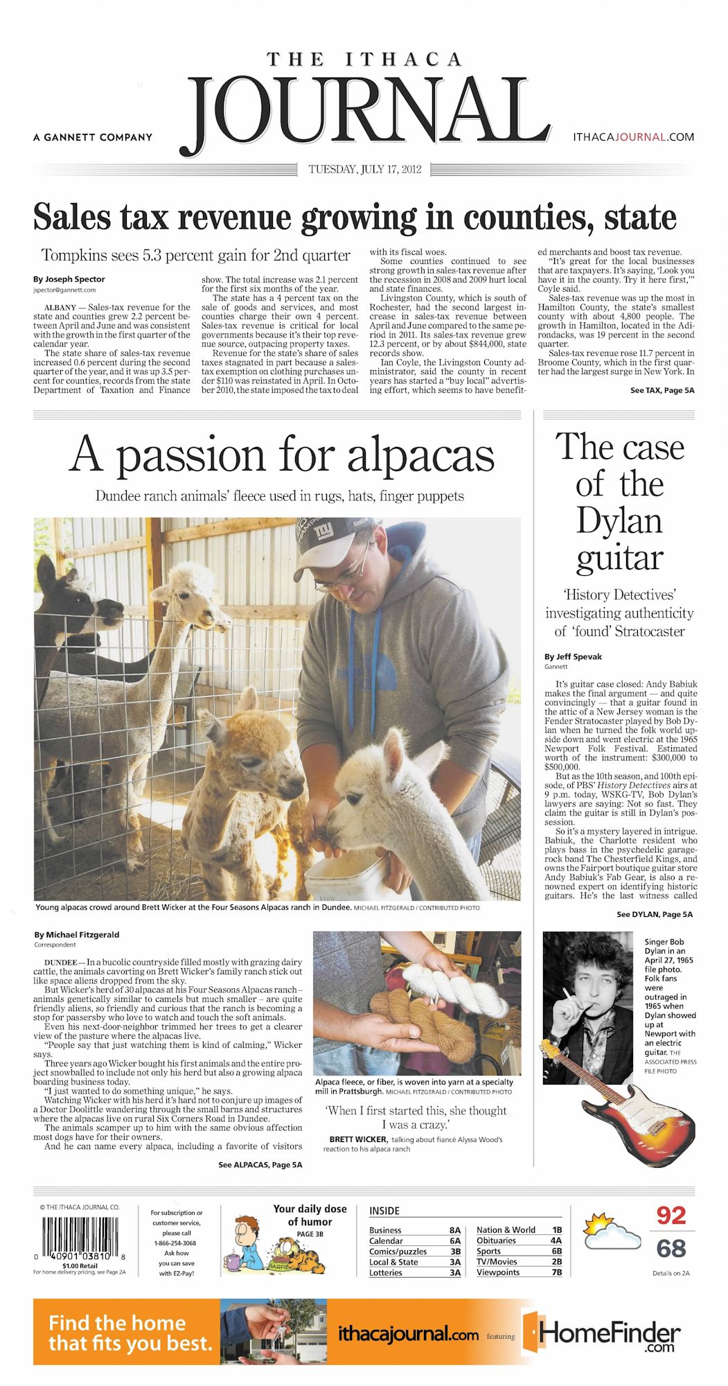 Ithaca Journal Bob Dylan front cover