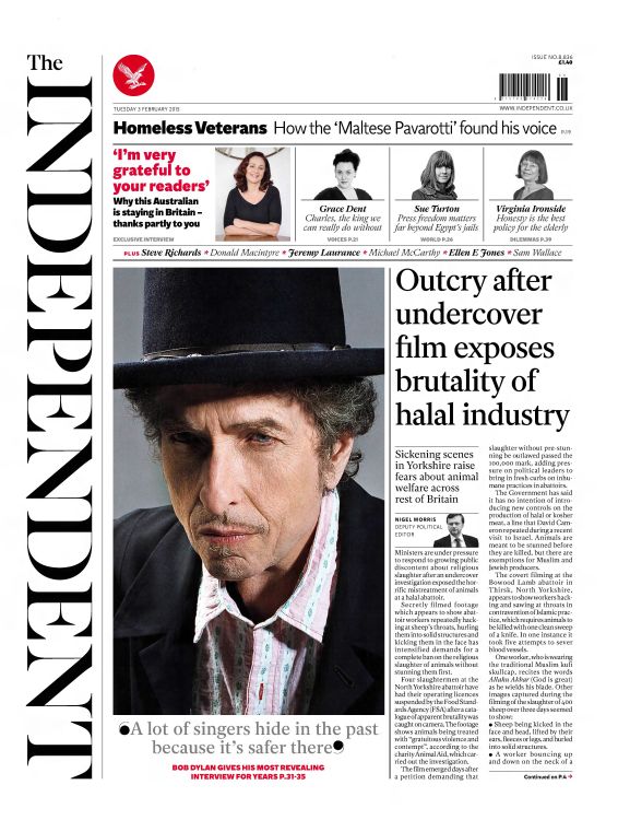 the independant 3 feb 2015 Bob Dylan front cover