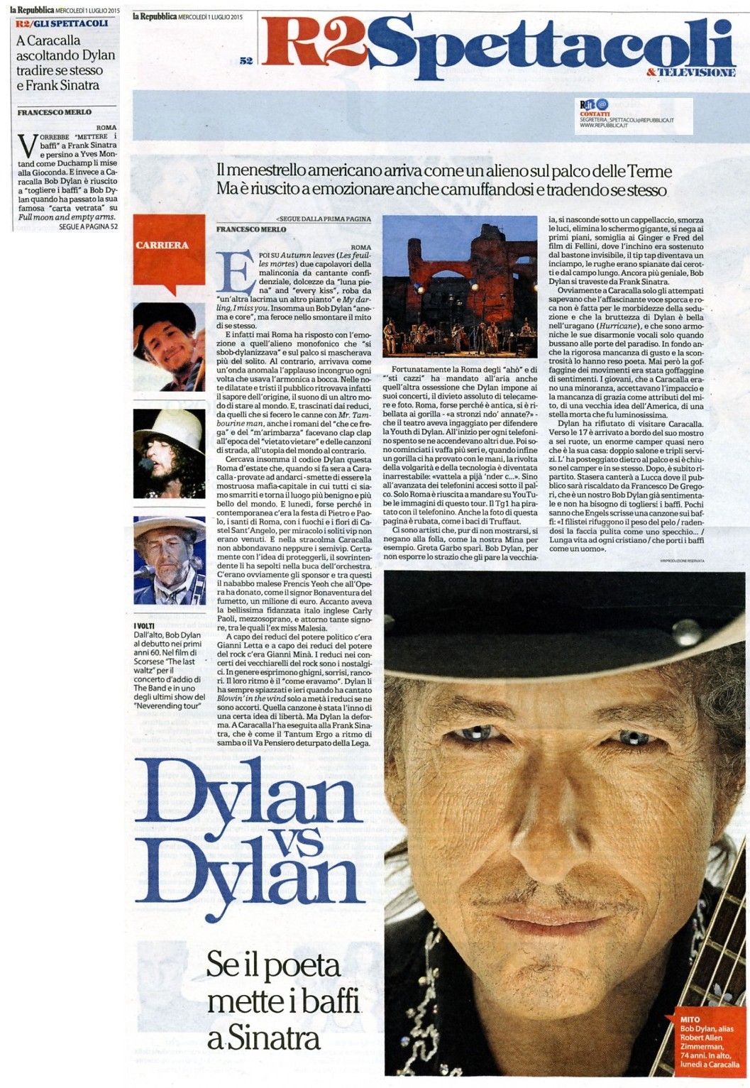 la repubblica 1 june 2015 Bob Dylan front cover