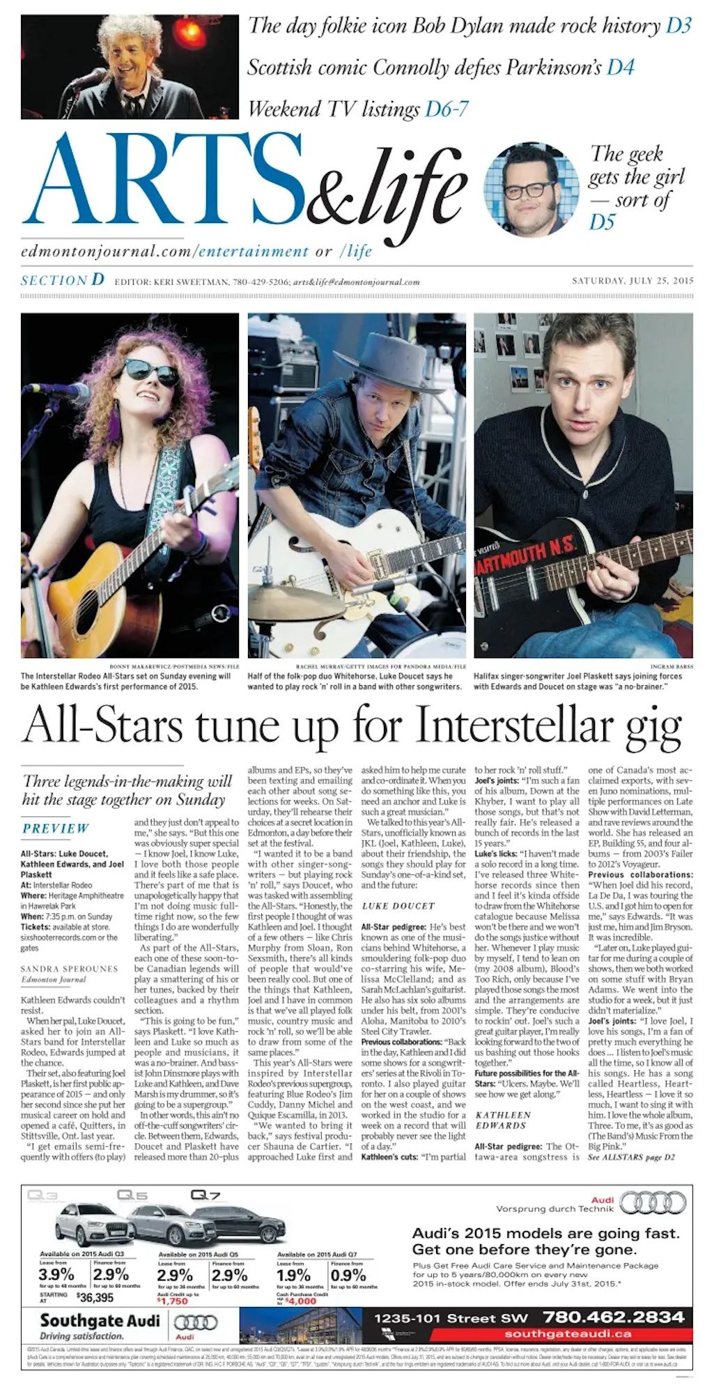 Edmonton Journal Bob Dylan front cover