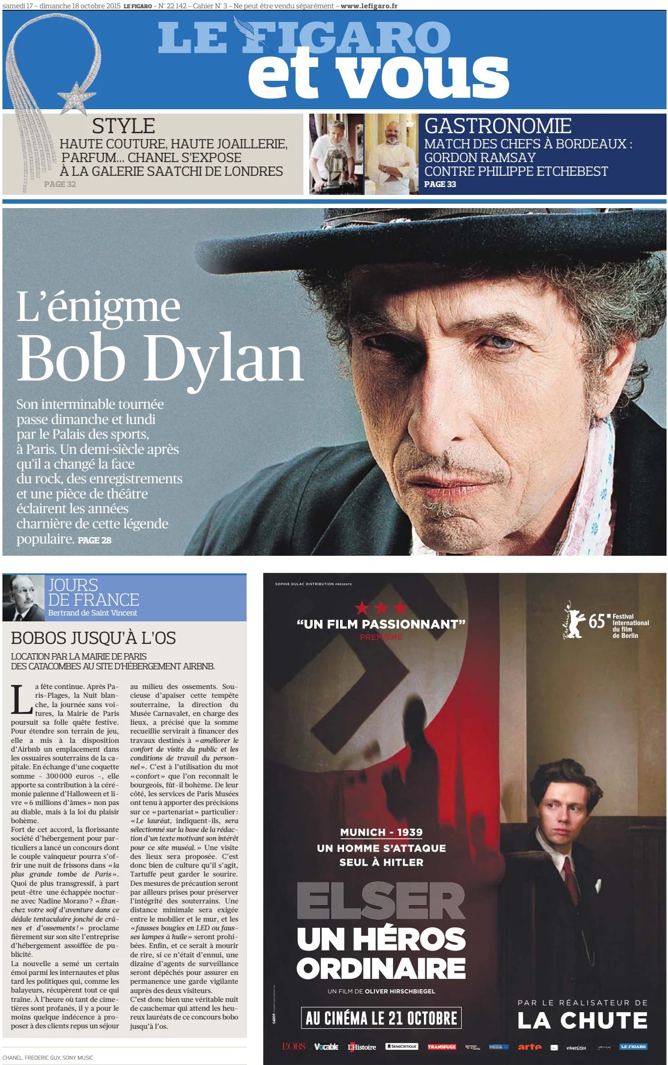 le figaro et vous 2015 magazine Bob Dylan front cover