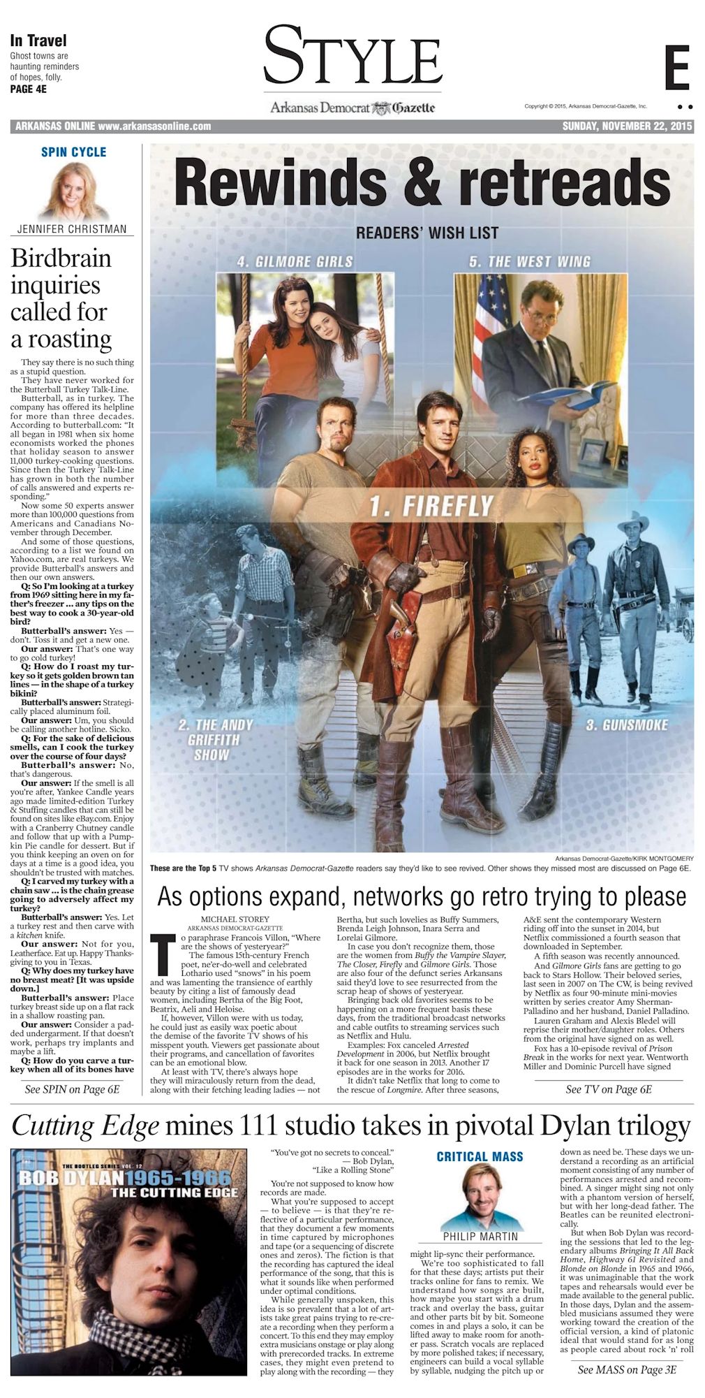 Arkansas Democrat-Gazette Bob Dylan front cover