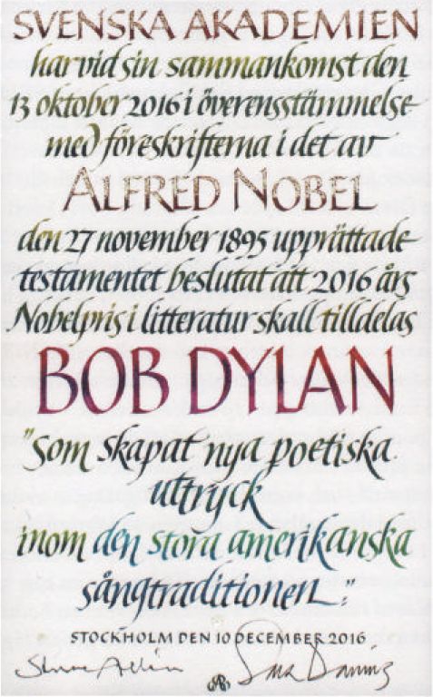 bob dylan nobel prize press release
