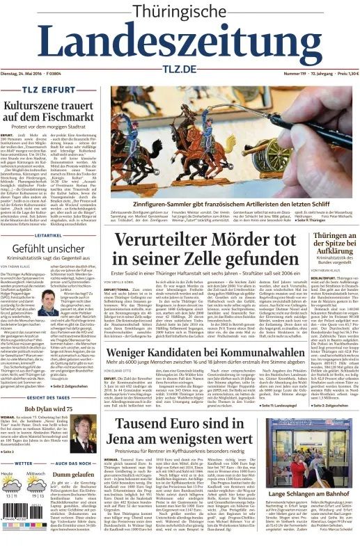 2016 THÜRINGISCHE LANDESZEITUNG Bob Dylan front cover
