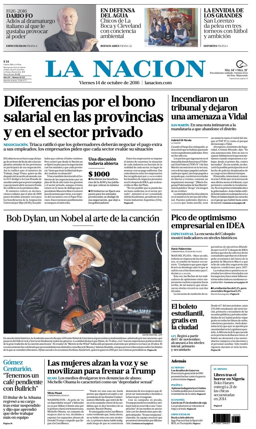 la nacion 2016 10 Bob Dylan front cover
