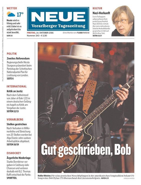 neue vorakberger tageszeitung 2016 10 magazine Bob Dylan front cover