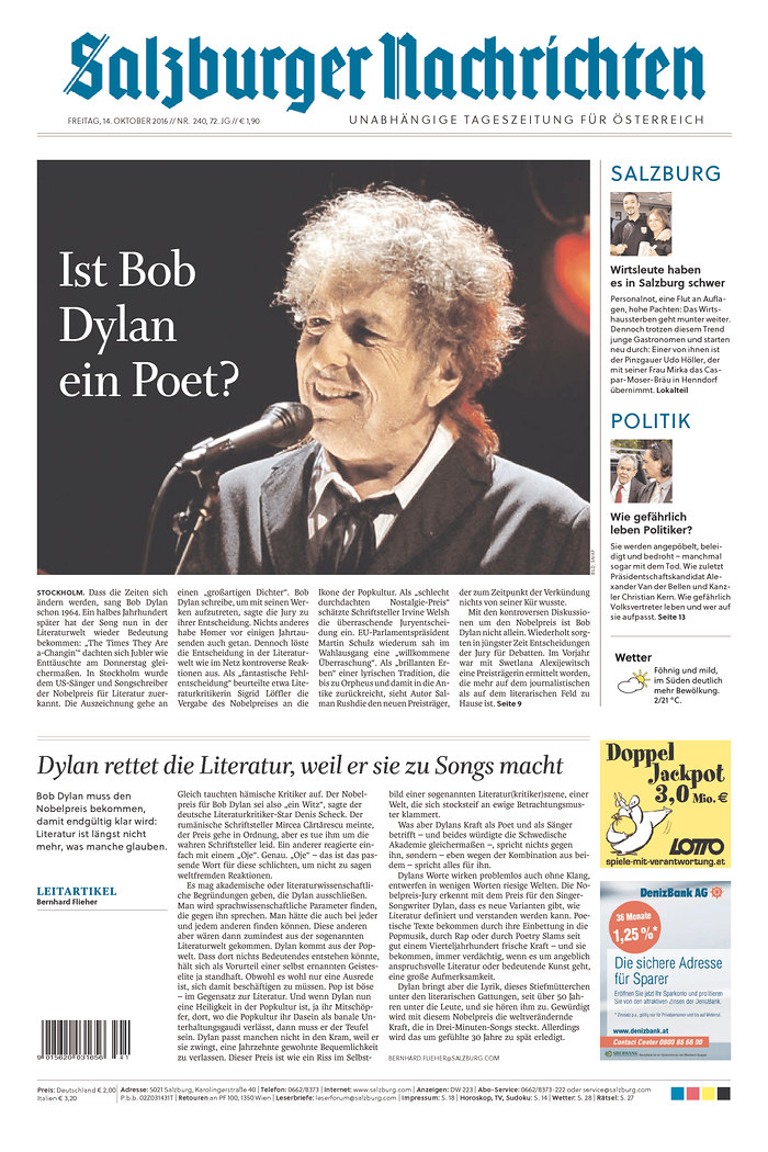 salzburger nachtrichten magazine Bob Dylan front cover