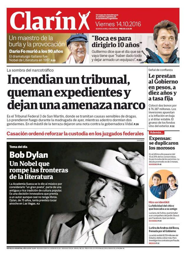 clarin 2016 10 magazine Bob Dylan front cover