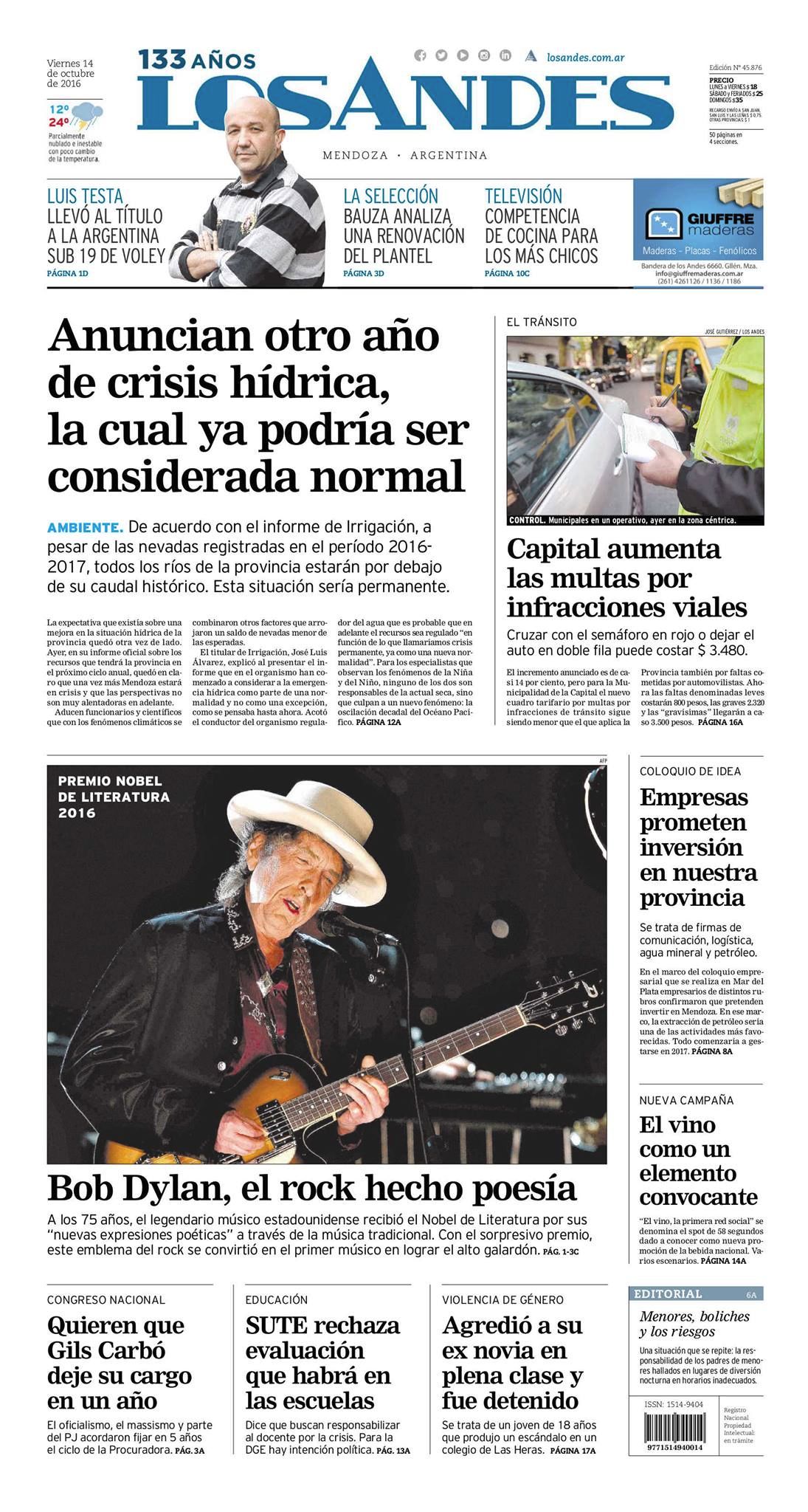 los andes 2016 magazine Bob Dylan front cover