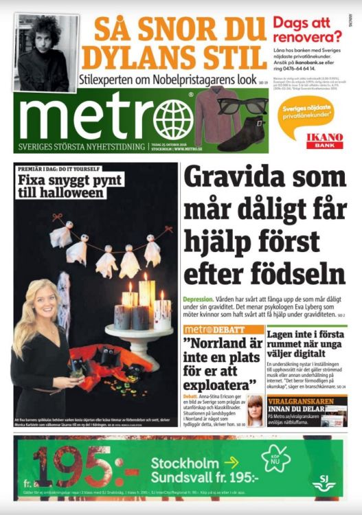 Metro Sweden 25 Oct 2016 Bob Dylan front cover