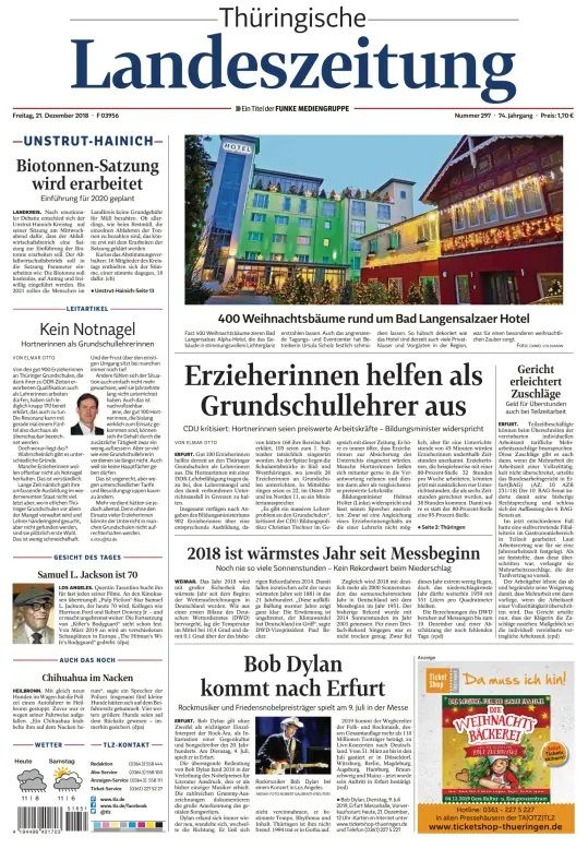 2018 THÜRINGISCHE LANDESZEITUNG Bob Dylan front cover