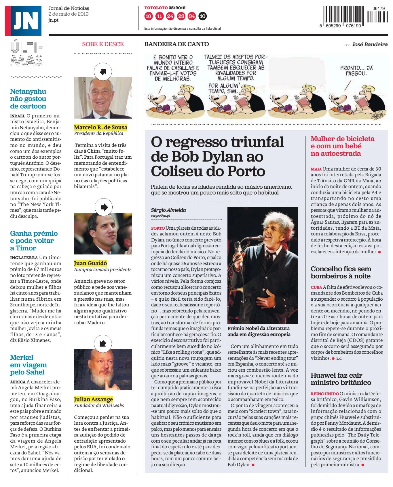 Jornal de Noticias 2 May 2019 Bob Dylan front cover