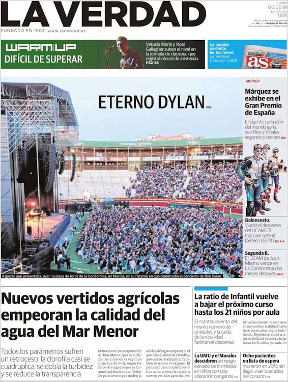 La Verdad de Murcia 6 May 2019 Bob Dylan front cover