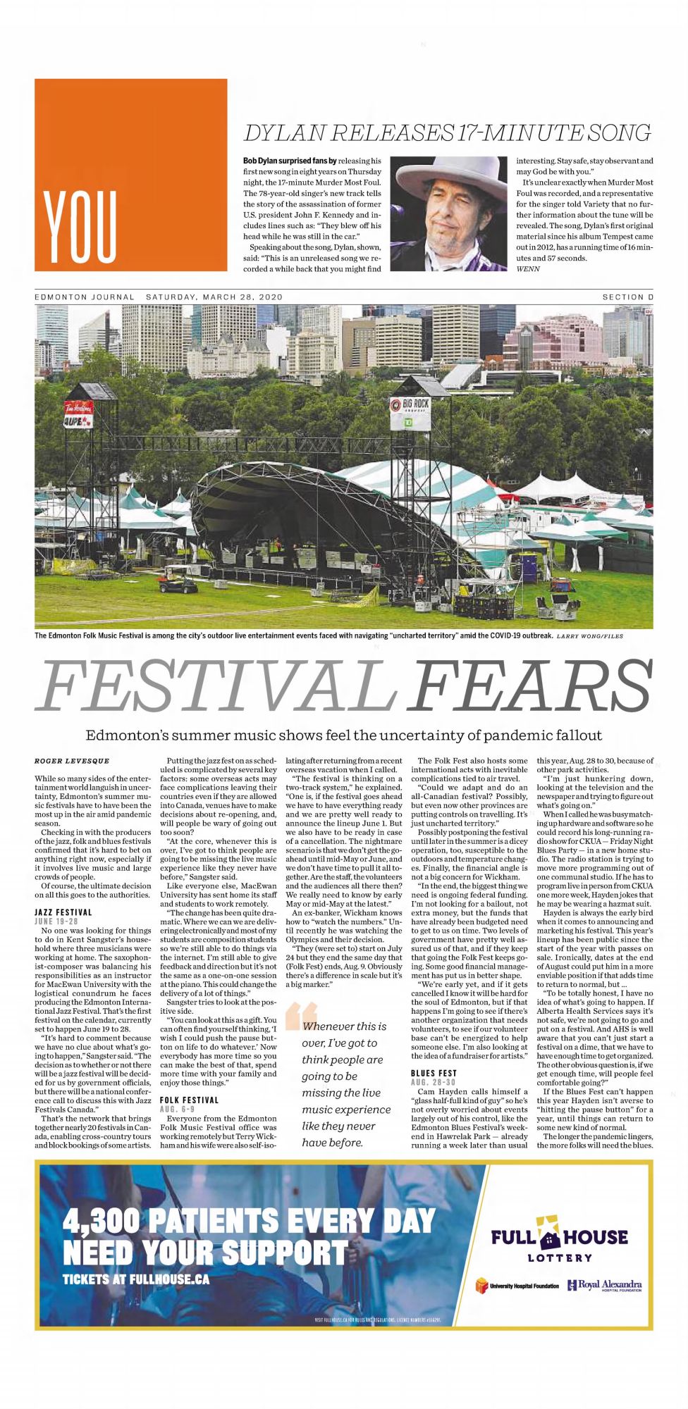 Edmonton Journal Bob Dylan front cover