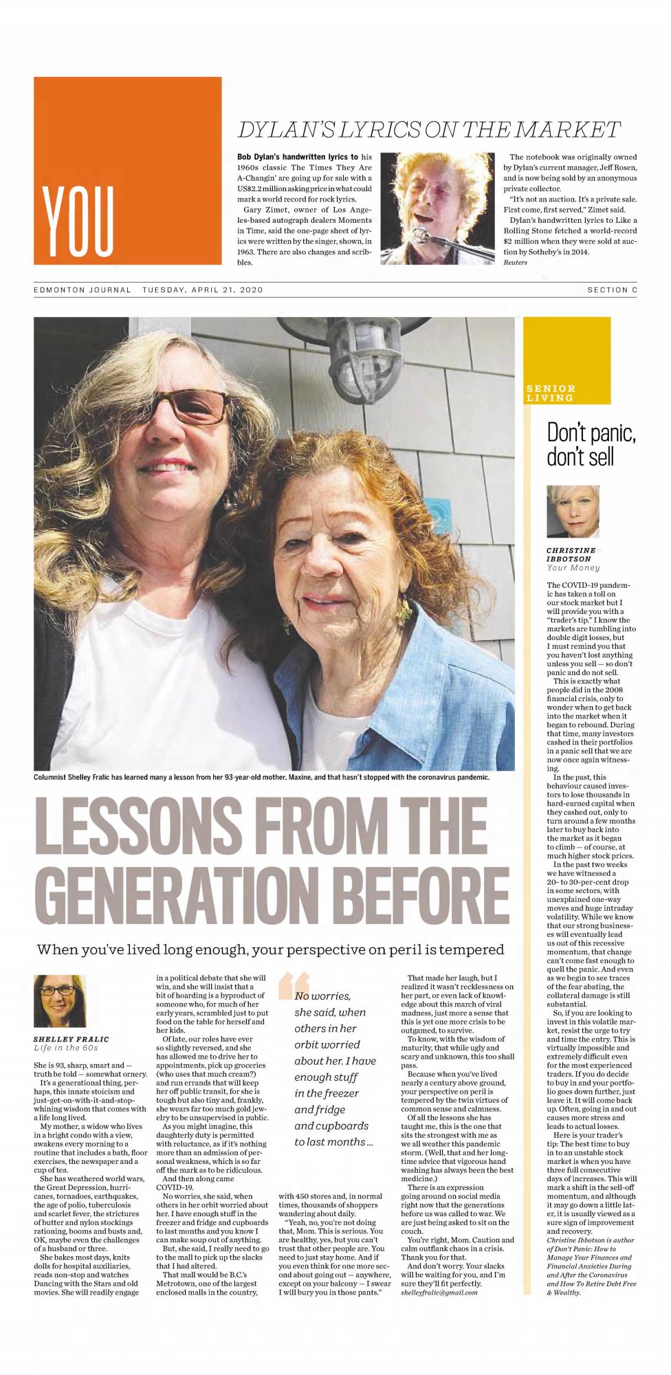Edmonton Journal Bob Dylan front cover