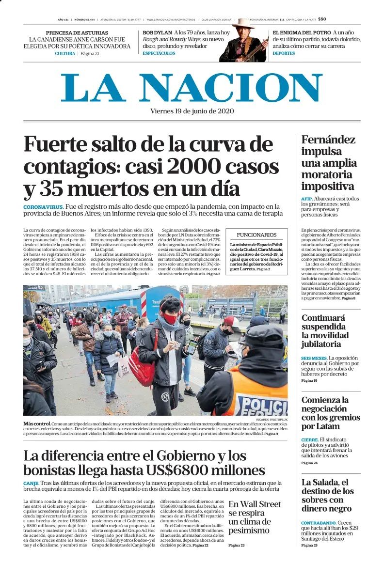 la nacion 2020 19 june Bob Dylan front cover