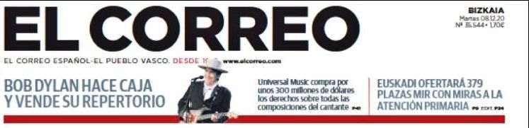 El Correo 8 dec 2020 Bob Dylan front cover