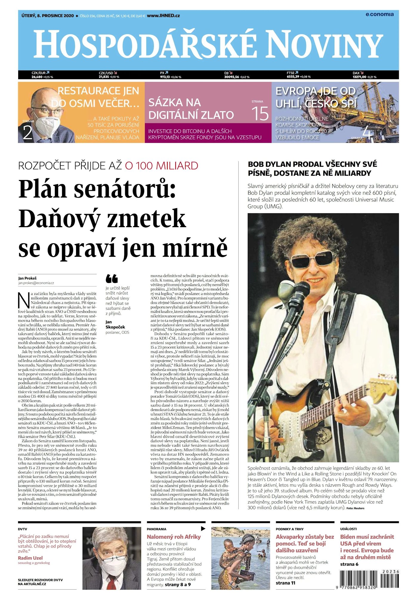 HOSPODÁŘSKÉ NOVINY Bob Dylan front cover