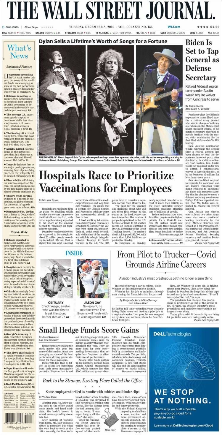 Wall Street Journal 8 DEcember 2020 Bob Dylan front cover