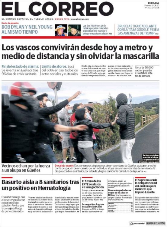 El Correo 19 june 2020 Bob Dylan front cover
