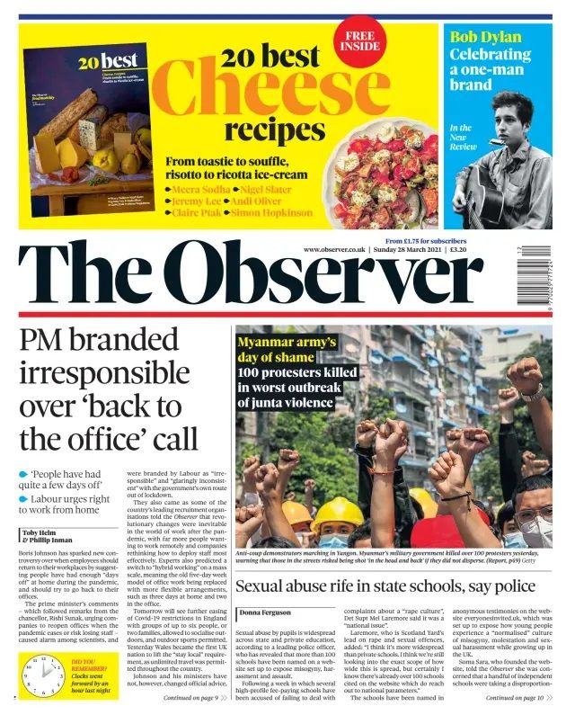 The Observer,  28 March 2021 Bob Dylan front cover