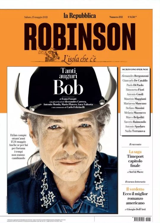 la repubblica 15 may 2021 Bob Dylan front cover