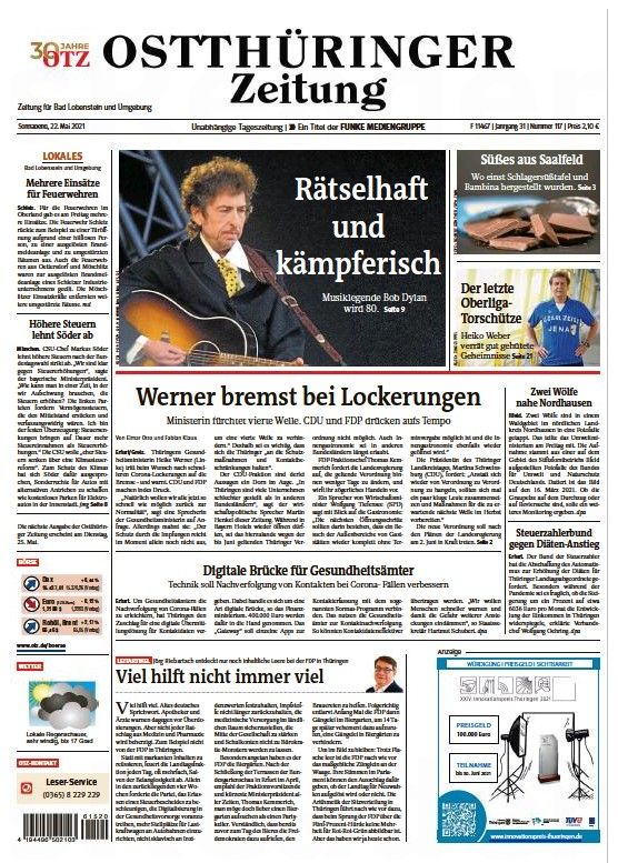 2021 05 22 Ostthuringer zeitung Bob Dylan front cover