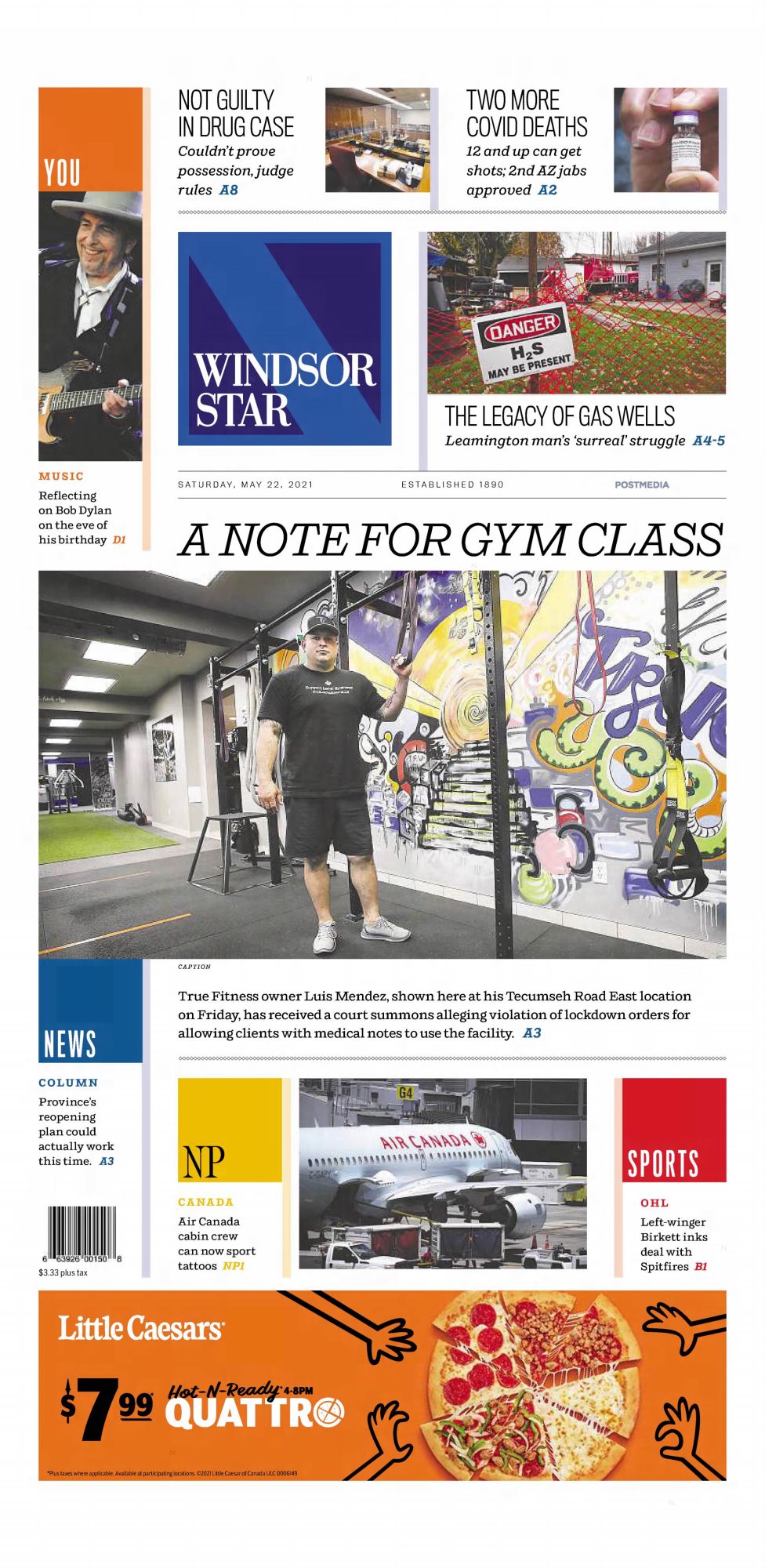 2021 05 22 Windsor Star  Bob Dylan front cover