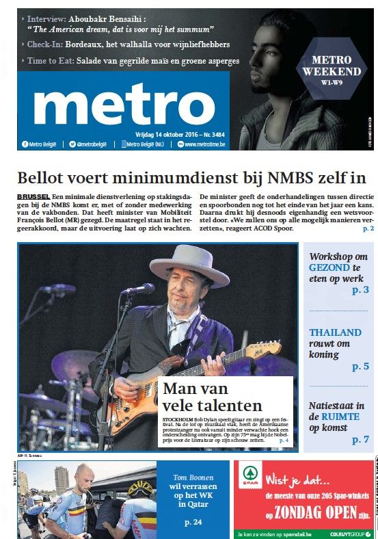 metro belgïe 2016 10 magazine Bob Dylan front cover