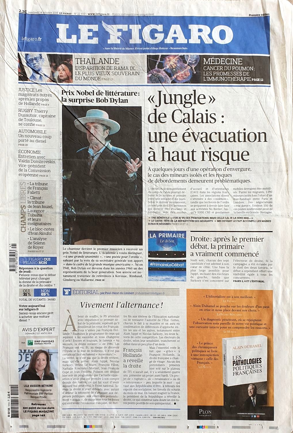 le figaro 14 oct 2016 Bob Dylan front cover