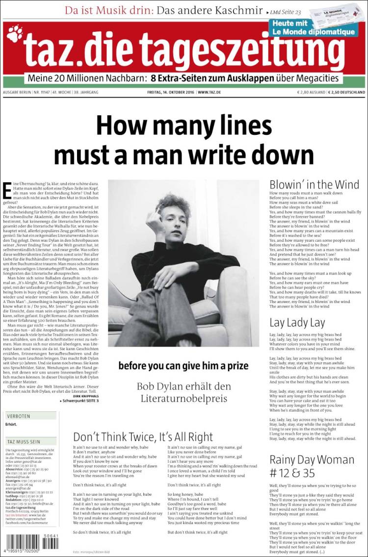 die tageszeitung magazine Bob Dylan front cover