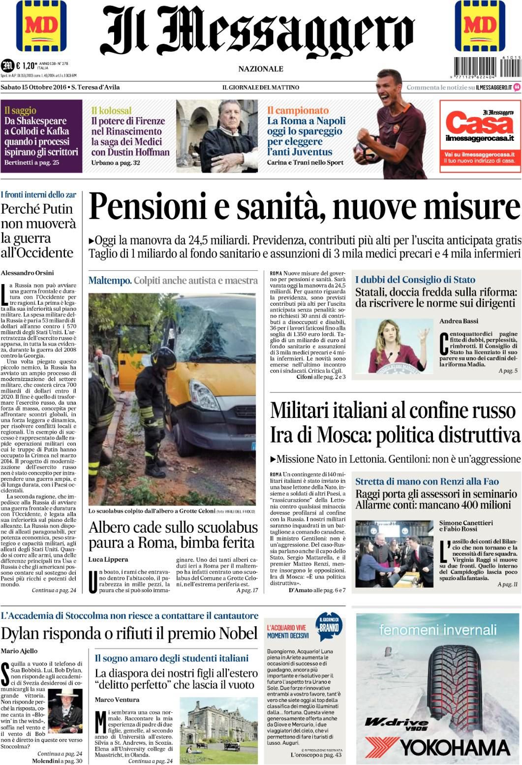 italian newspaper nobel Bob Dylan front cover
