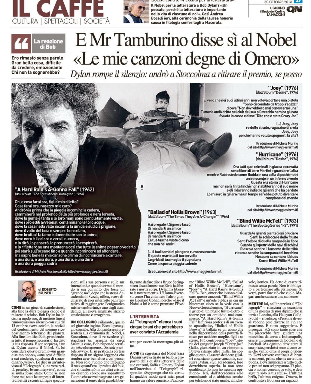 la nazione magazine Bob Dylan front cover