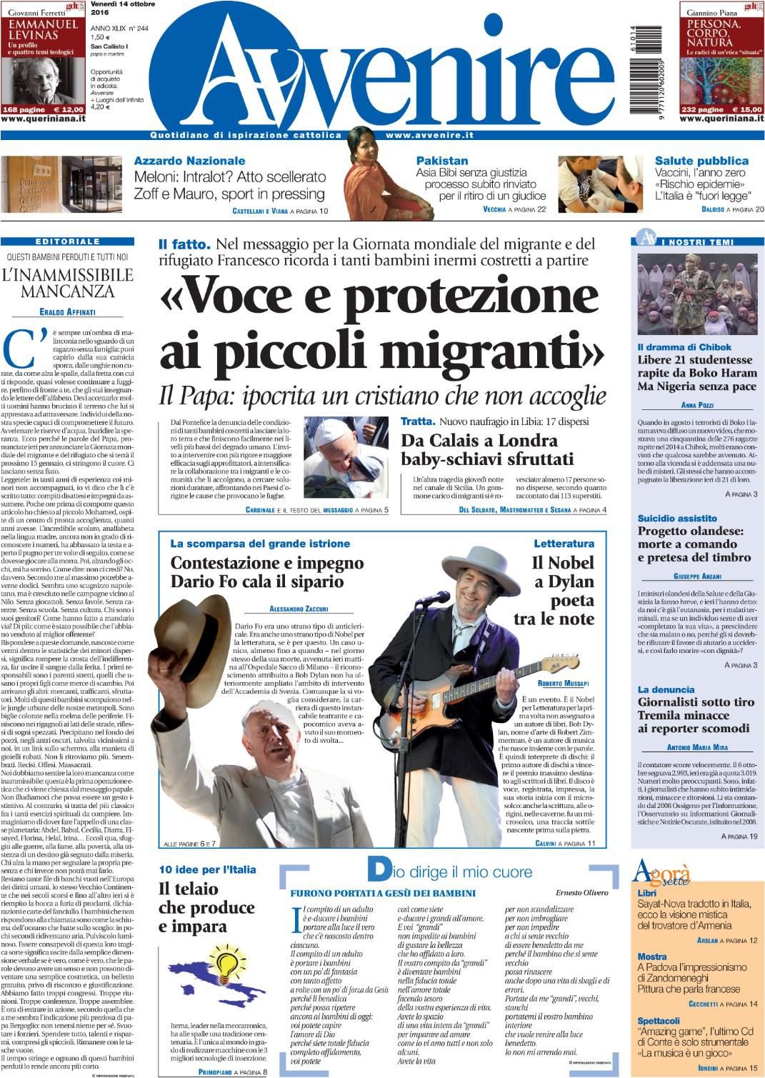 italian newspaper nobel Bob Dylan front cover