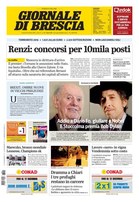 italian newspaper nobel Bob Dylan front cover