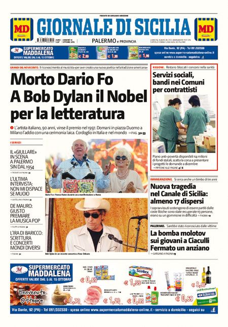 italian newspaper nobel Bob Dylan front cover