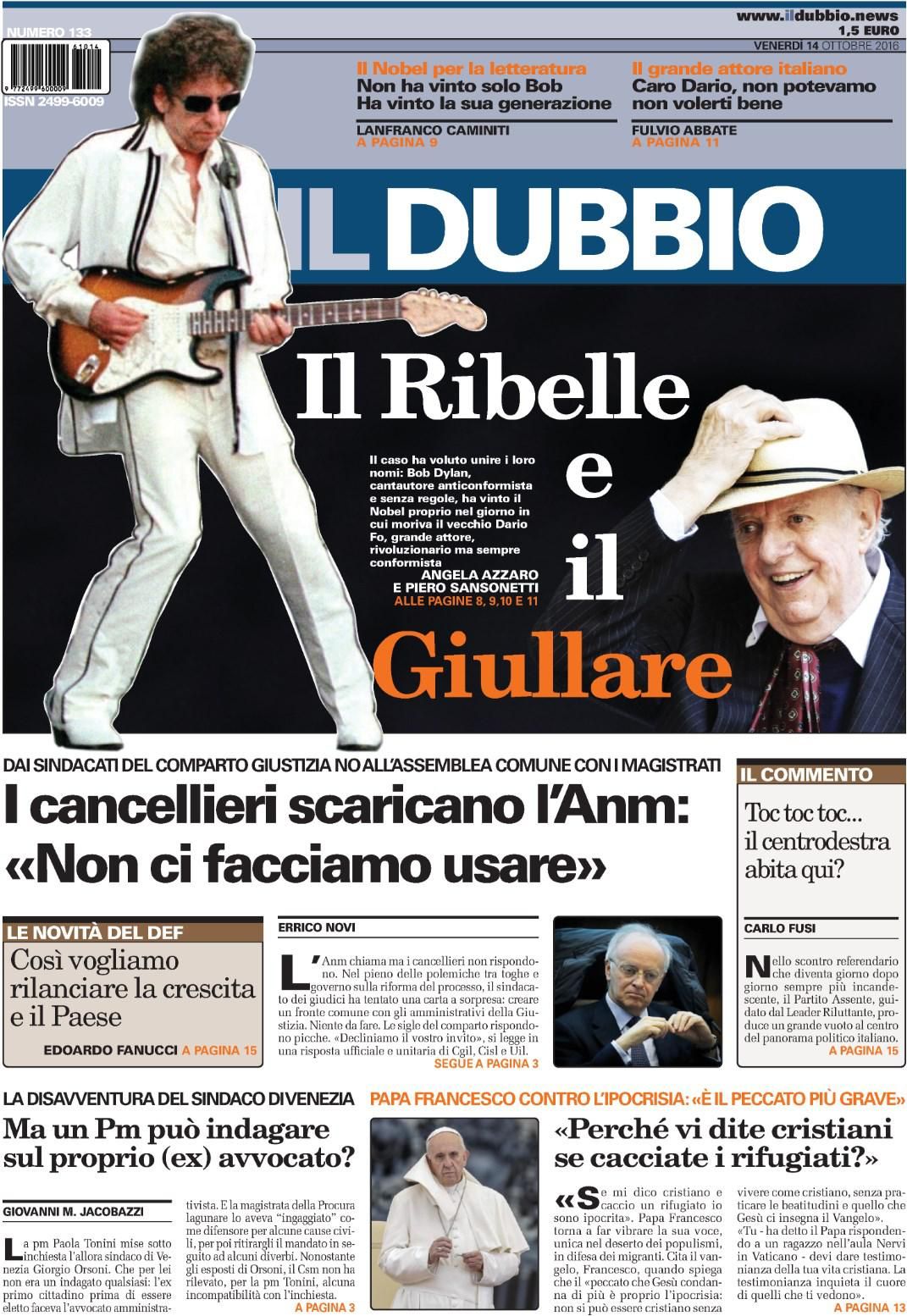 italian newspaper nobel Bob Dylan front cover
