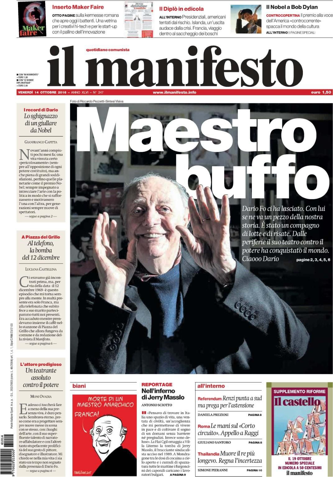 italian newspaper nobel Bob Dylan front cover