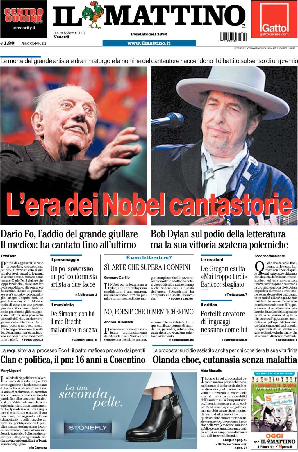 italian newspaper nobel Bob Dylan front cover