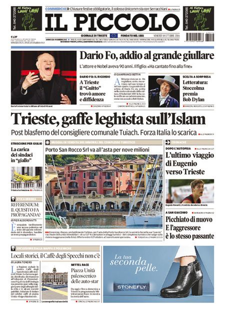 italian newspaper nobel Bob Dylan front cover