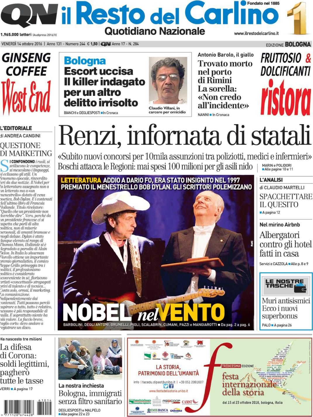 italian newspaper nobel Bob Dylan front cover
