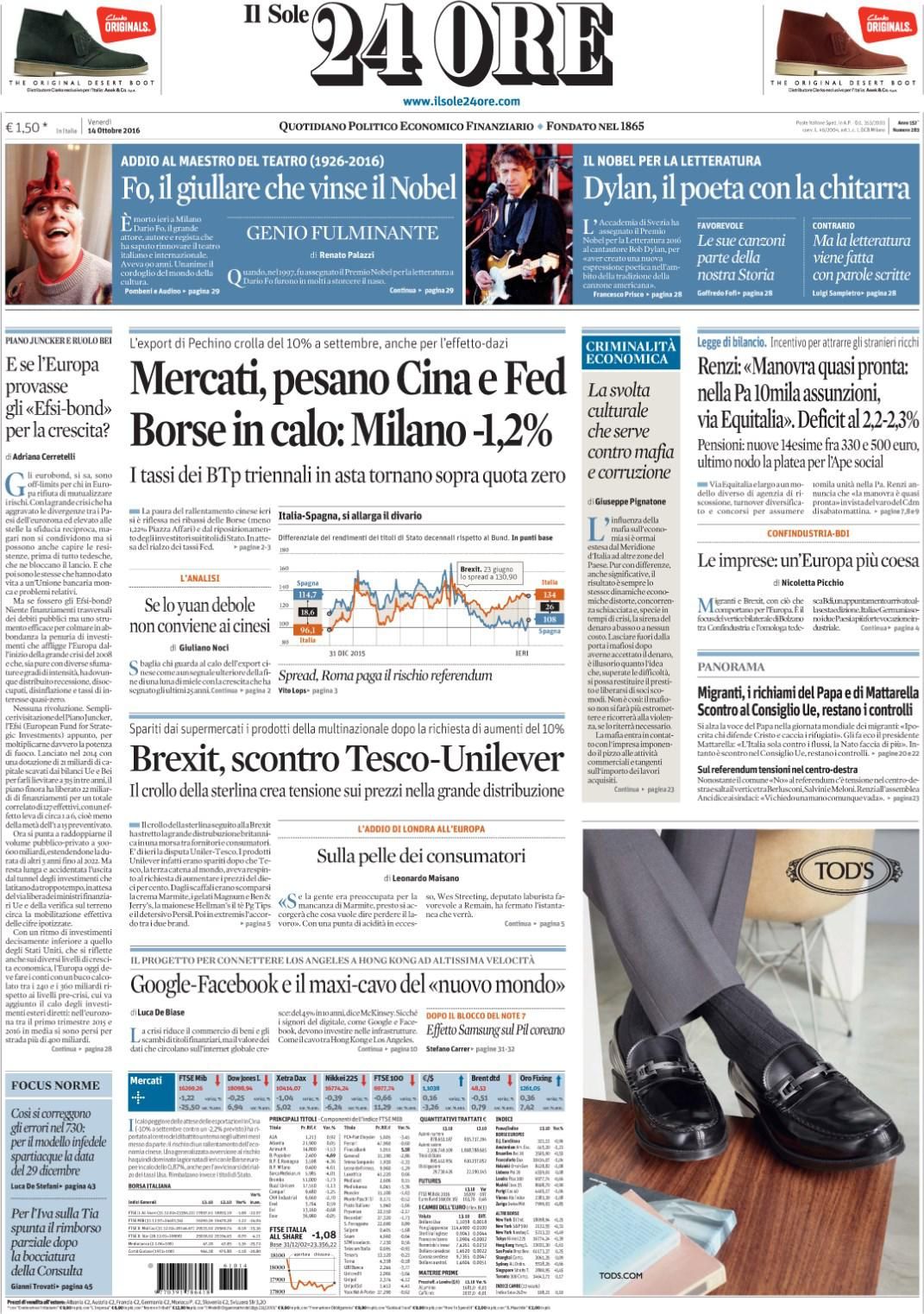 italian newspaper nobel Bob Dylan front cover