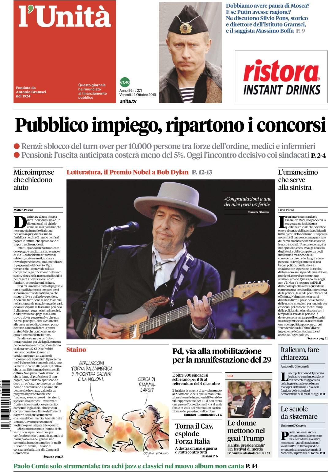 italian newspaper nobel Bob Dylan front cover