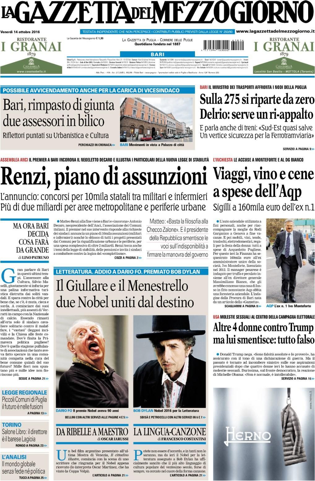 italian newspaper nobel Bob Dylan front cover