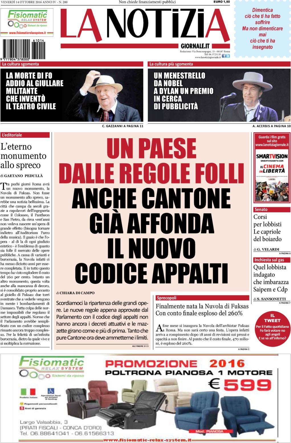 italian newspaper nobel Bob Dylan front cover
