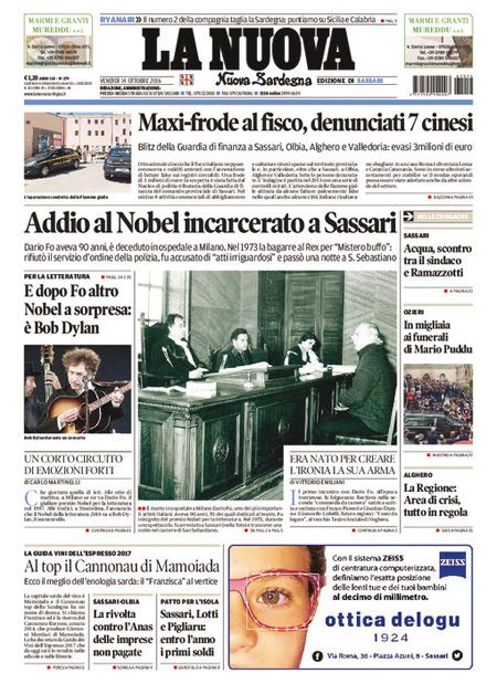 italian newspaper nobel Bob Dylan front cover