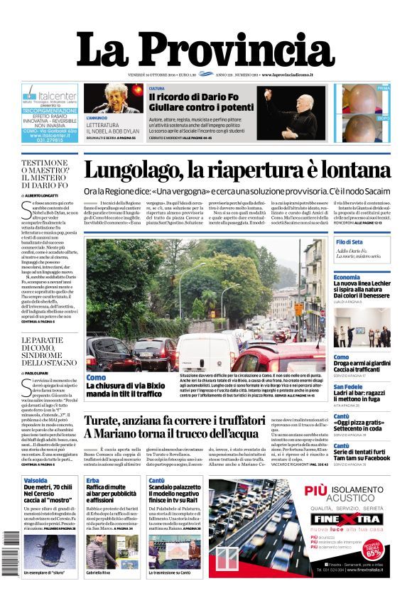italian newspaper nobel Bob Dylan front cover
