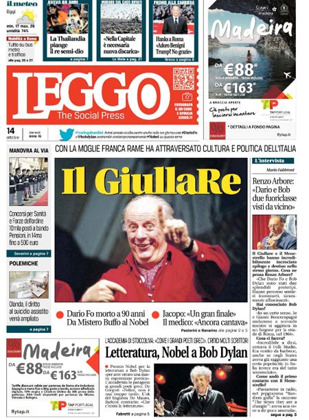 italian newspaper nobel Bob Dylan front cover
