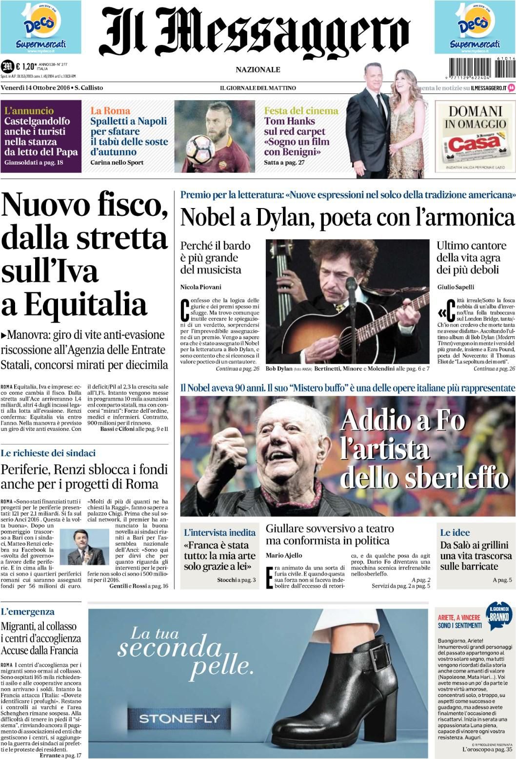 italian newspaper nobel Bob Dylan front cover